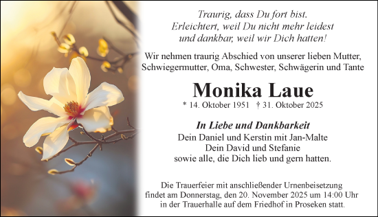 Traueranzeige von Monika Laue von Ostsee-Zeitung GmbH