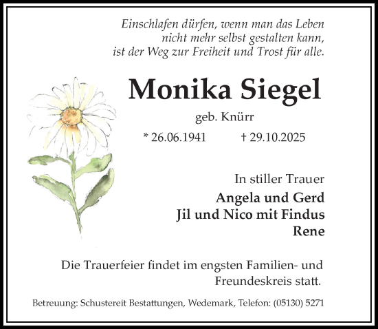 Traueranzeige von Monika Siegel von Hannoversche Allgemeine Zeitung/Neue Presse