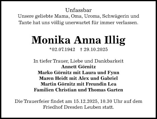Traueranzeige von Monika Anna Illig von Sächsische Zeitung