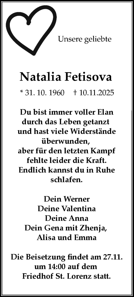  Traueranzeige für Natalia Fetisova vom 23.11.2025 aus Lübecker Nachrichten