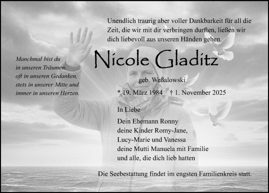 Traueranzeige von Nicole Gladitz von Ostsee-Zeitung GmbH