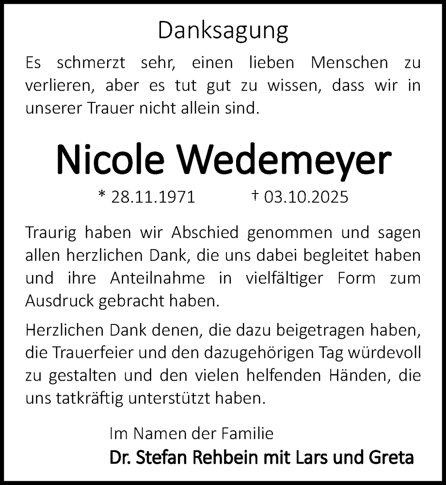  Traueranzeige für Nicole Wedemeyer vom 08.11.2025 aus Göttinger Tageblatt