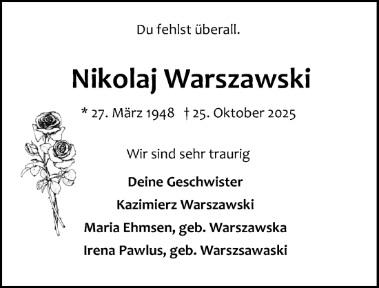 Traueranzeige von Nikolaj Warszawski von Lübecker Nachrichten