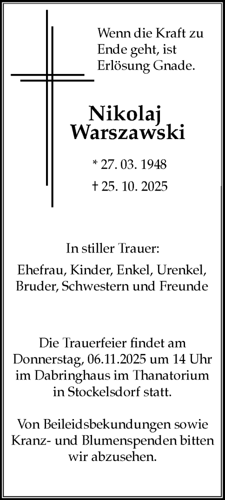  Traueranzeige für Nikolaj Warszawski vom 02.11.2025 aus Lübecker Nachrichten