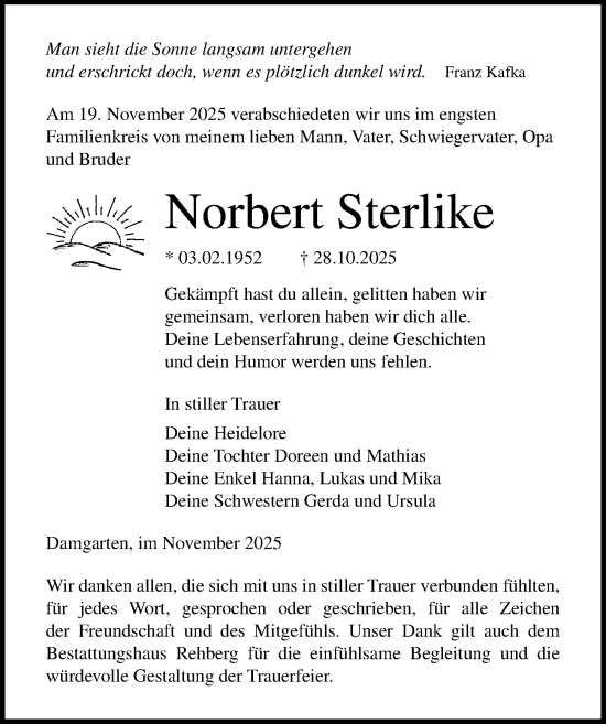 Traueranzeige von Norbert Sterlike von Ostsee-Zeitung GmbH