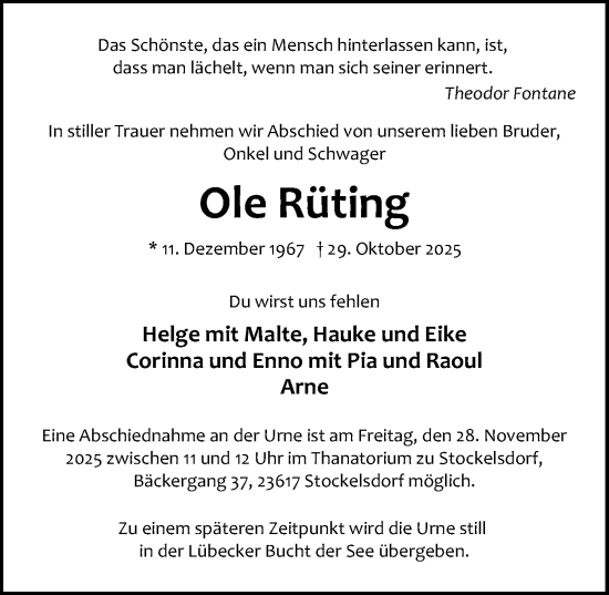 Traueranzeige von Ole Rüting von Lübecker Nachrichten
