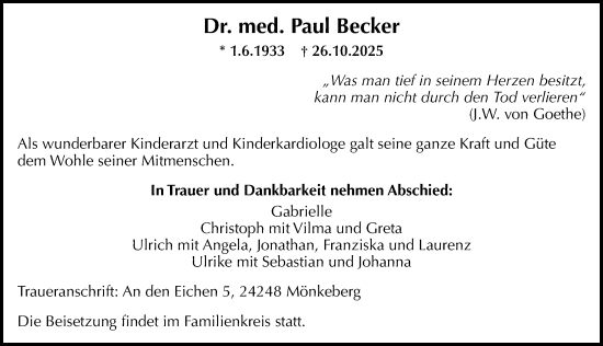 Traueranzeige von Paul Becker von Lübecker Nachrichten