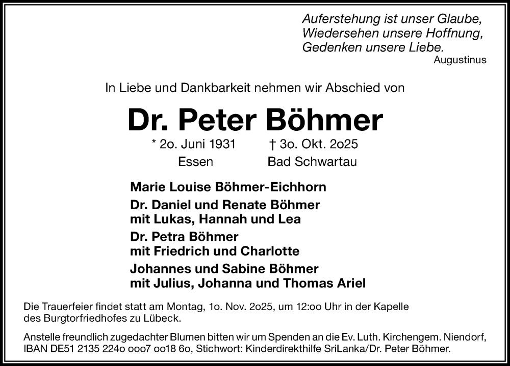  Traueranzeige für Peter Böhmer vom 09.11.2025 aus Lübecker Nachrichten