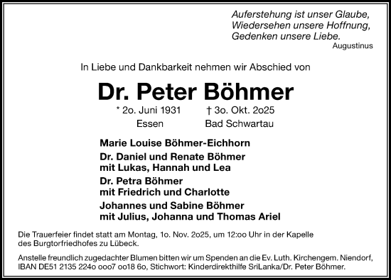 Traueranzeige von Peter Böhmer von Lübecker Nachrichten