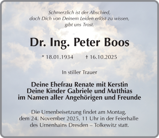 Traueranzeige von Peter Boos von Sächsische Zeitung