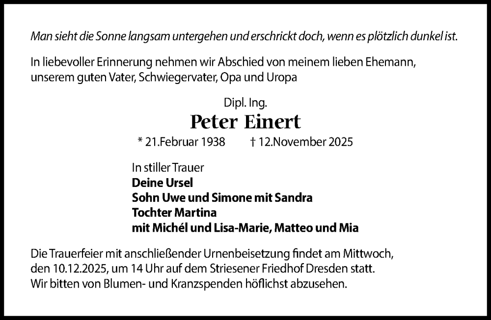  Traueranzeige für Peter Einert vom 22.11.2025 aus Sächsische Zeitung