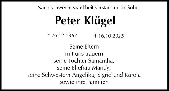 Traueranzeige von Peter Klügel von Märkischen Allgemeine Zeitung