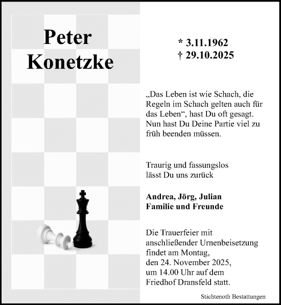 Traueranzeige von Peter Konetzke von Göttinger Tageblatt