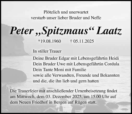 Traueranzeige von Peter Laatz von Ostsee-Zeitung GmbH