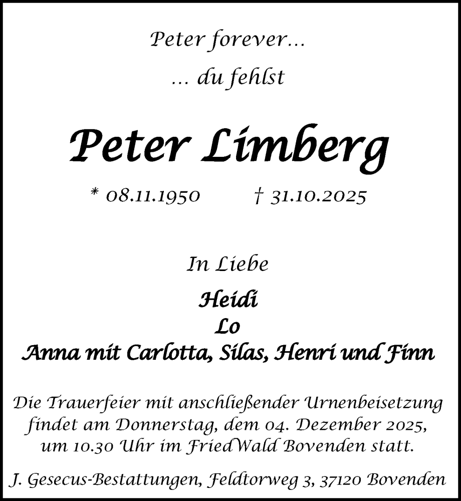  Traueranzeige für Peter Limberg vom 22.11.2025 aus Göttinger Tageblatt