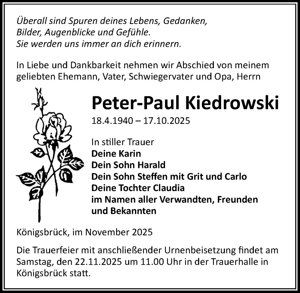  Traueranzeige für Peter-Paul Kiedrowski vom 15.11.2025 aus Sächsische Zeitung