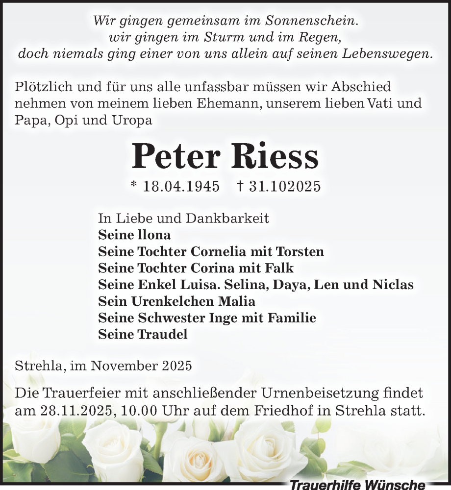  Traueranzeige für Peter Riess vom 15.11.2025 aus Sächsische Zeitung