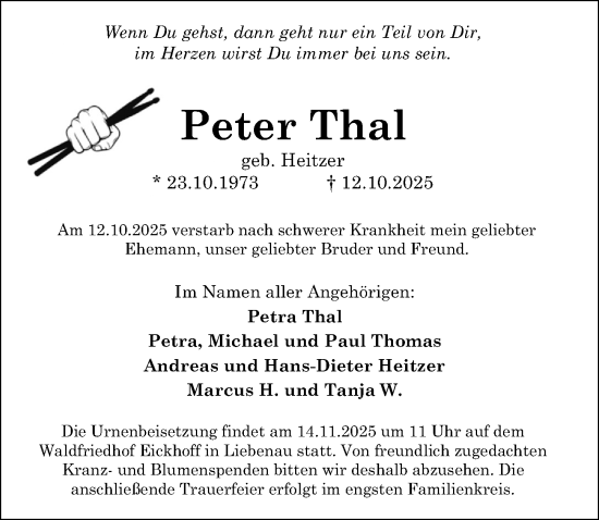 Traueranzeige von Peter Thal von Die Harke