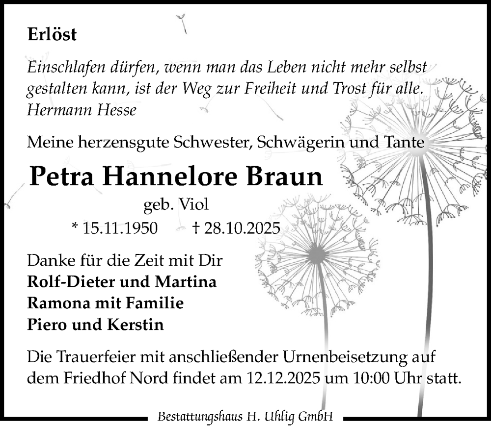  Traueranzeige für Petra Hannelore Braun vom 29.11.2025 aus Leipziger Volkszeitung