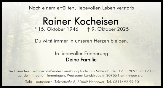 Traueranzeige von Rainer Kocheisen von Hannoversche Allgemeine Zeitung/Neue Presse