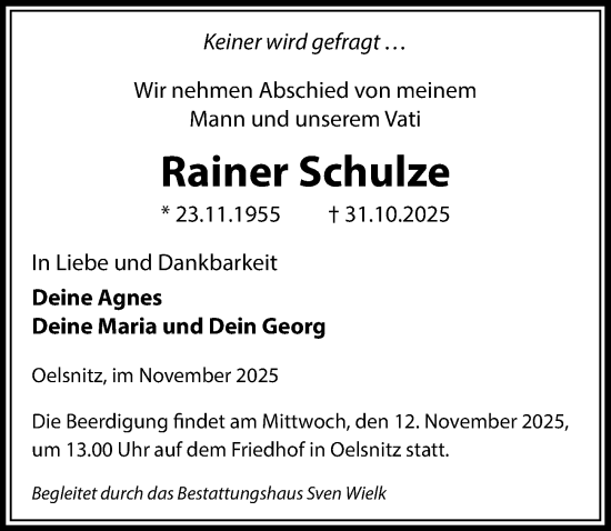 Traueranzeige von Rainer Schulze von Sächsische Zeitung