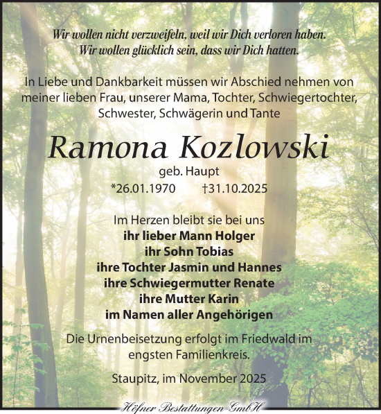 Traueranzeige von Ramona Kozlowski von Torgauer Zeitung