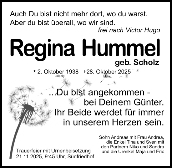 Traueranzeige von Regina Hummel von Leipziger Volkszeitung