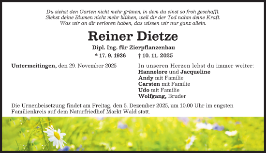 Traueranzeige von Reiner Dietze von Leipziger Volkszeitung
