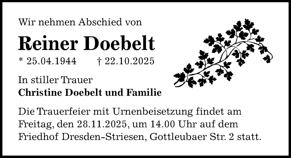  Traueranzeige für Reiner Doebelt vom 15.11.2025 aus Sächsische Zeitung
