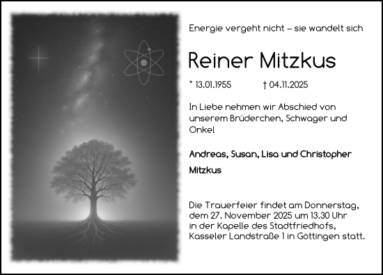 Traueranzeige von Reiner Mitzkus von Göttinger Tageblatt