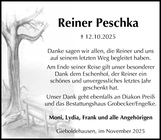 Traueranzeige von Reiner Peschka von Eichsfelder Tageblatt