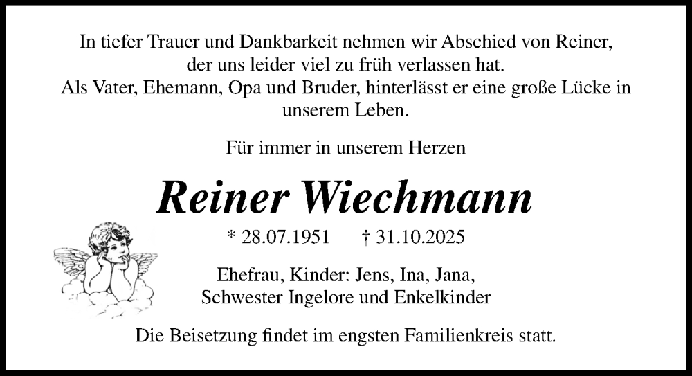  Traueranzeige für Reiner Wiechmann vom 08.11.2025 aus Ostsee-Zeitung GmbH