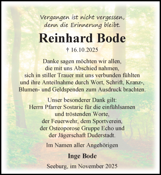 Traueranzeige von Reinhard Bode von Eichsfelder Tageblatt