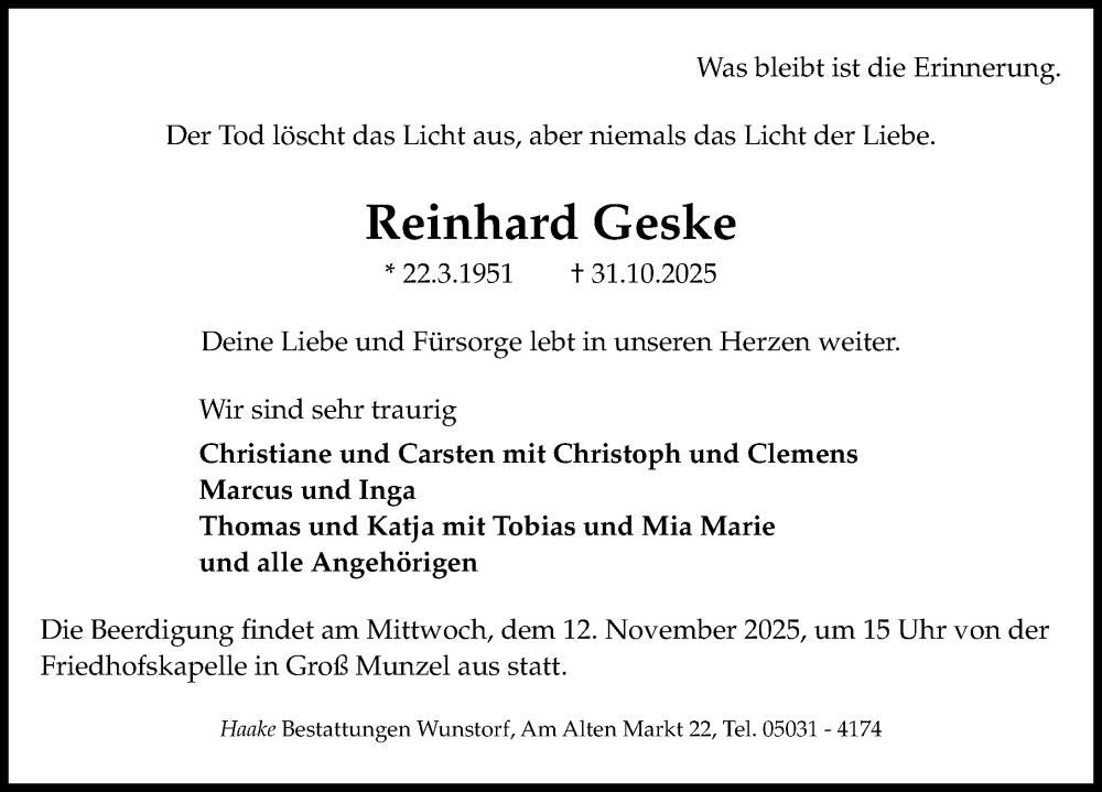  Traueranzeige für Reinhard Geske vom 08.11.2025 aus Hannoversche Allgemeine Zeitung/Neue Presse
