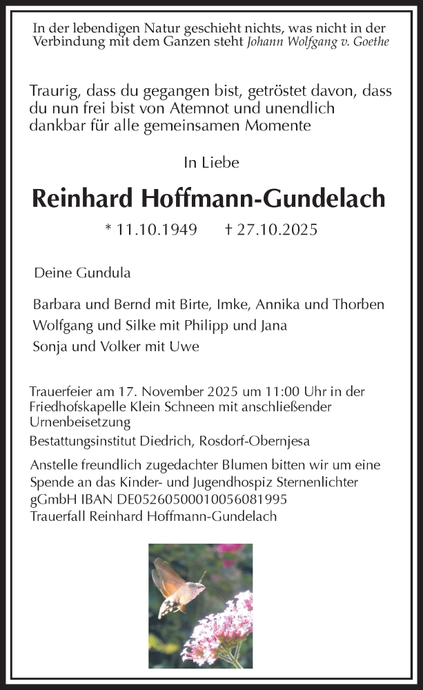  Traueranzeige für Reinhard Hoffmann-Gundelach vom 08.11.2025 aus Göttinger Tageblatt