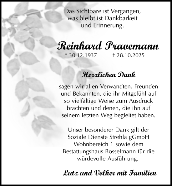 Traueranzeige von Reinhard Pravemann von Sächsische Zeitung