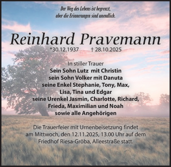 Traueranzeige von Reinhard Pravemann von Sächsische Zeitung