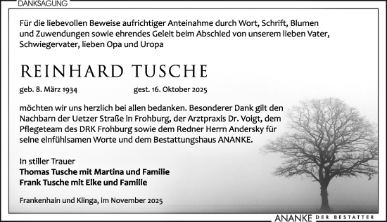 Traueranzeige von Reinhard Tusche von Leipziger Volkszeitung
