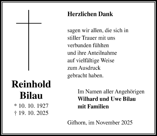 Traueranzeige von Reinhold Bilau von Aller Zeitung