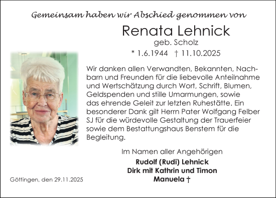 Traueranzeige von Renata Lehnick von Göttinger Tageblatt