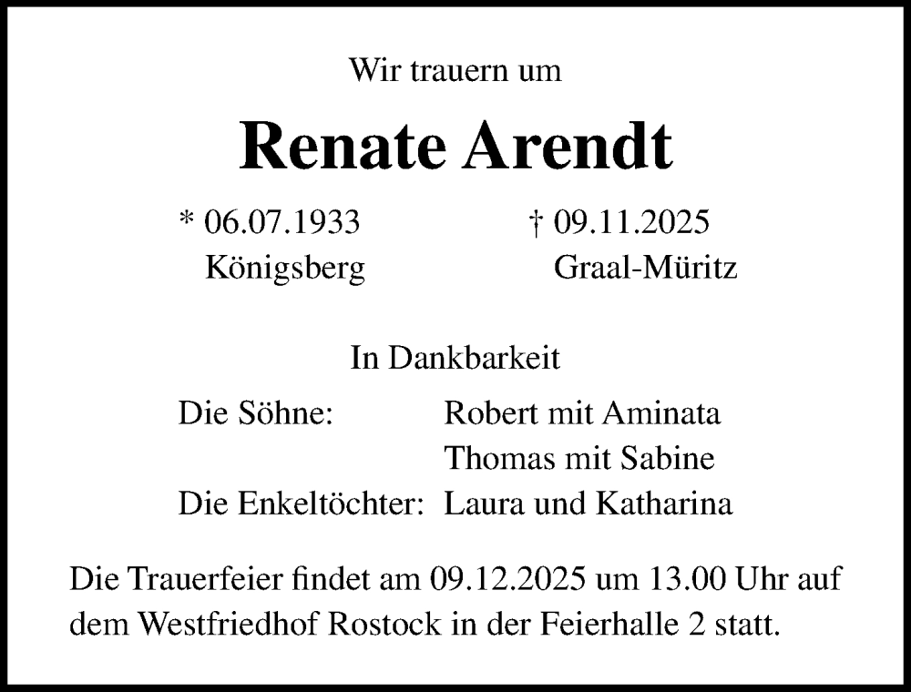  Traueranzeige für Renate Arendt vom 15.11.2025 aus Ostsee-Zeitung GmbH
