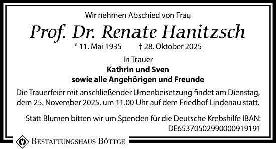 Traueranzeige von Renate Hanitzsch von Leipziger Volkszeitung