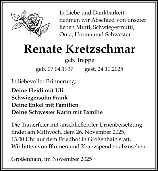 Traueranzeige von Renate Kretzschmar von Sächsische Zeitung
