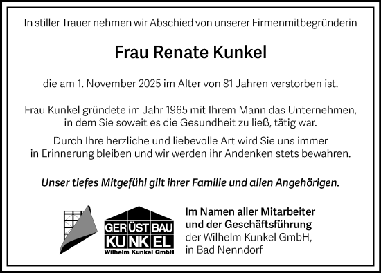 Traueranzeige von Renate Kunkel von Hannoversche Allgemeine Zeitung/Neue Presse