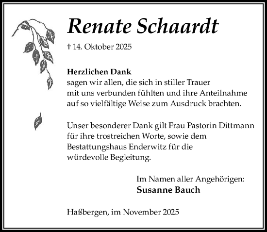 Traueranzeige von Renate Schaardt von Die Harke