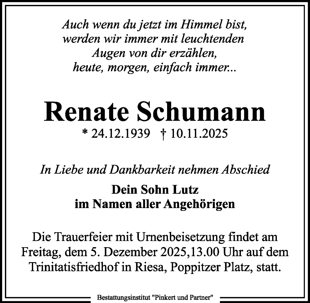  Traueranzeige für Renate Schumann vom 29.11.2025 aus Sächsische Zeitung