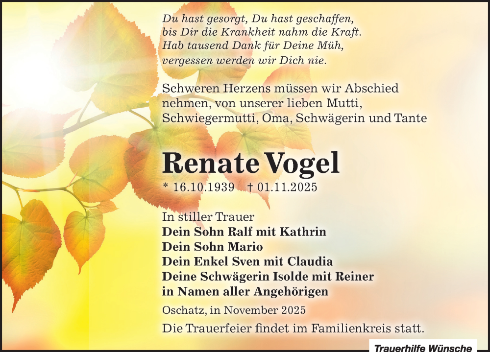  Traueranzeige für Renate Vogel vom 15.11.2025 aus Leipziger Volkszeitung