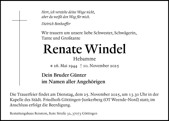 Traueranzeige von Renate Windel von Göttinger Tageblatt