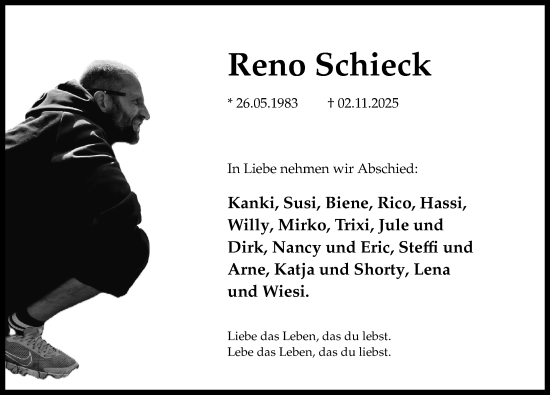 Traueranzeige von Reno Schieck von Ostsee-Zeitung GmbH