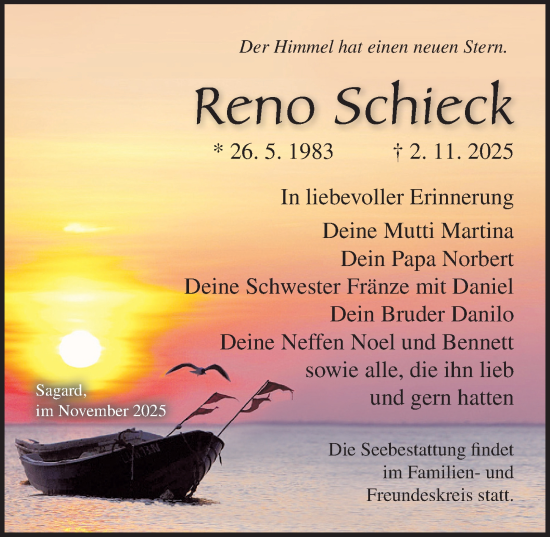 Traueranzeige von Reno Schieck von Ostsee-Zeitung GmbH